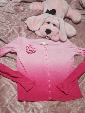 Pink Ombre Off The Shoulder Cardigan with Rosette Accent